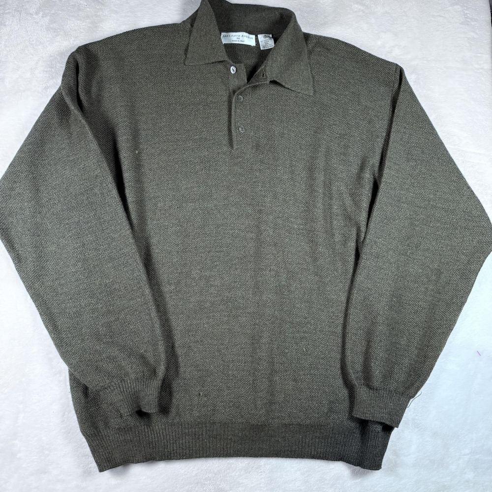 Saks Fifth Avenue‎ Sweater Mens 2XL Gray Wool Knit Polo Long Sleeve Made Italy